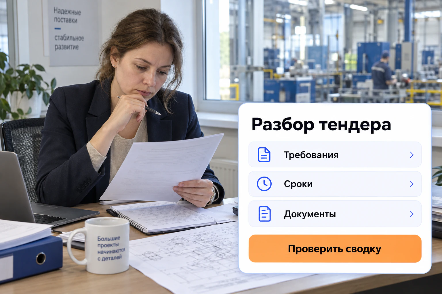 Иллюстрация сценария: ии-помощник для разбора тендеров; фото и макет интерфейса