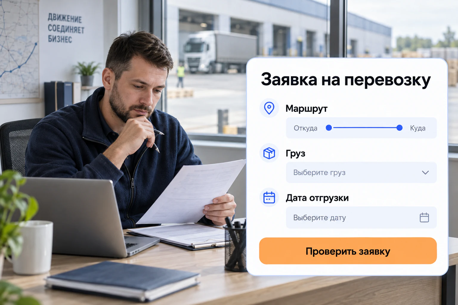 Иллюстрация сценария: заявки на перевозку с ии; фото и макет интерфейса