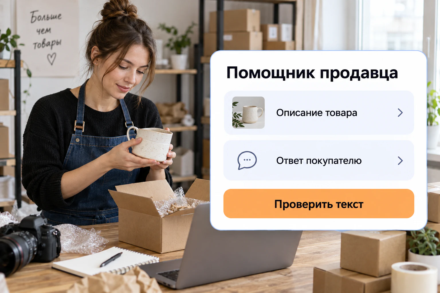Иллюстрация сценария: ии для продавца на маркетплейсах; фото и макет интерфейса
