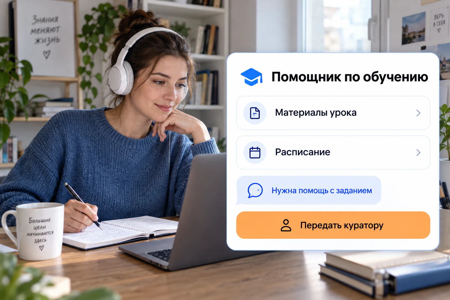 Иллюстрация сценария: ии-куратор онлайн-школы; фото и макет интерфейса