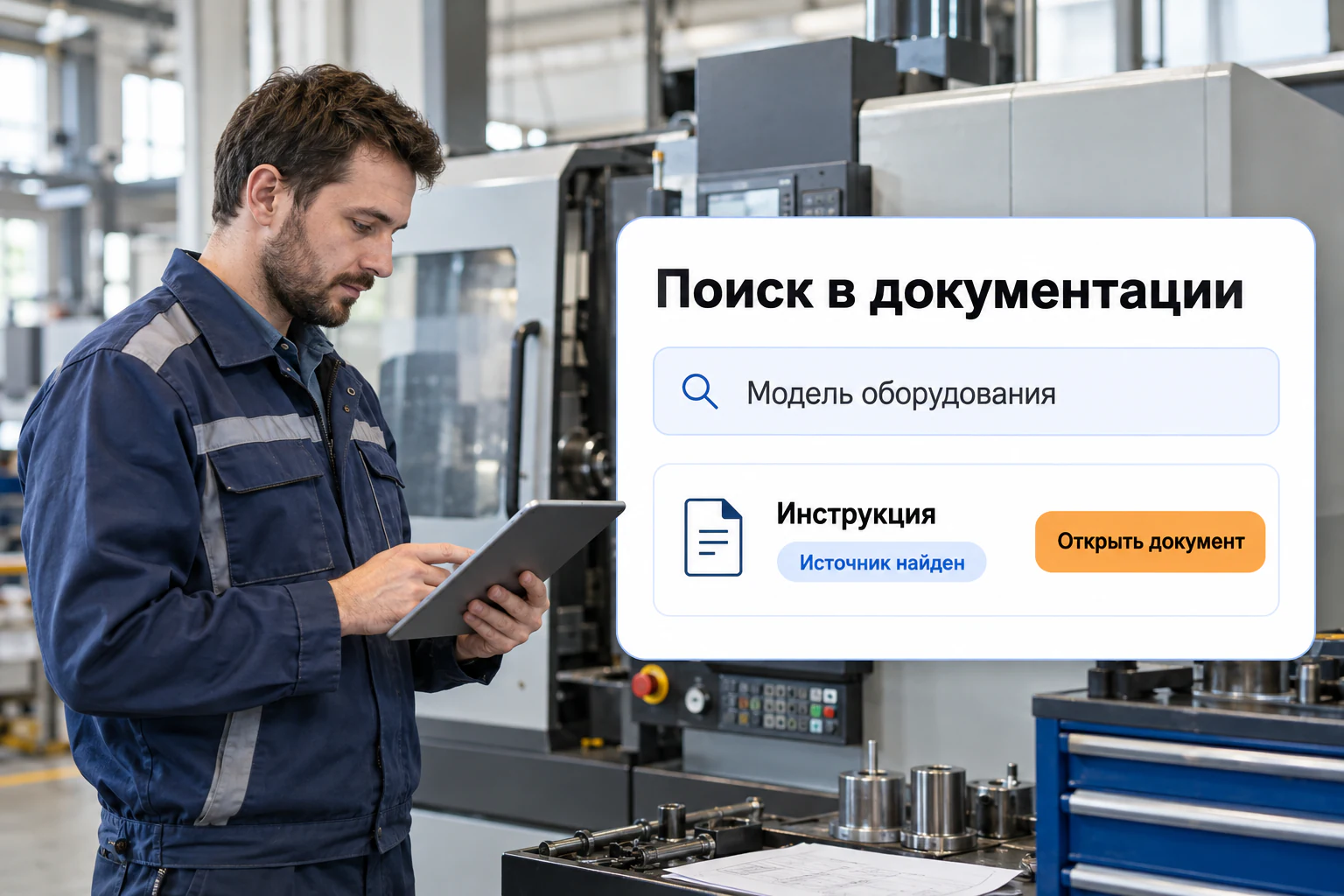 Иллюстрация сценария: ии-поиск в технических документах; фото и макет интерфейса
