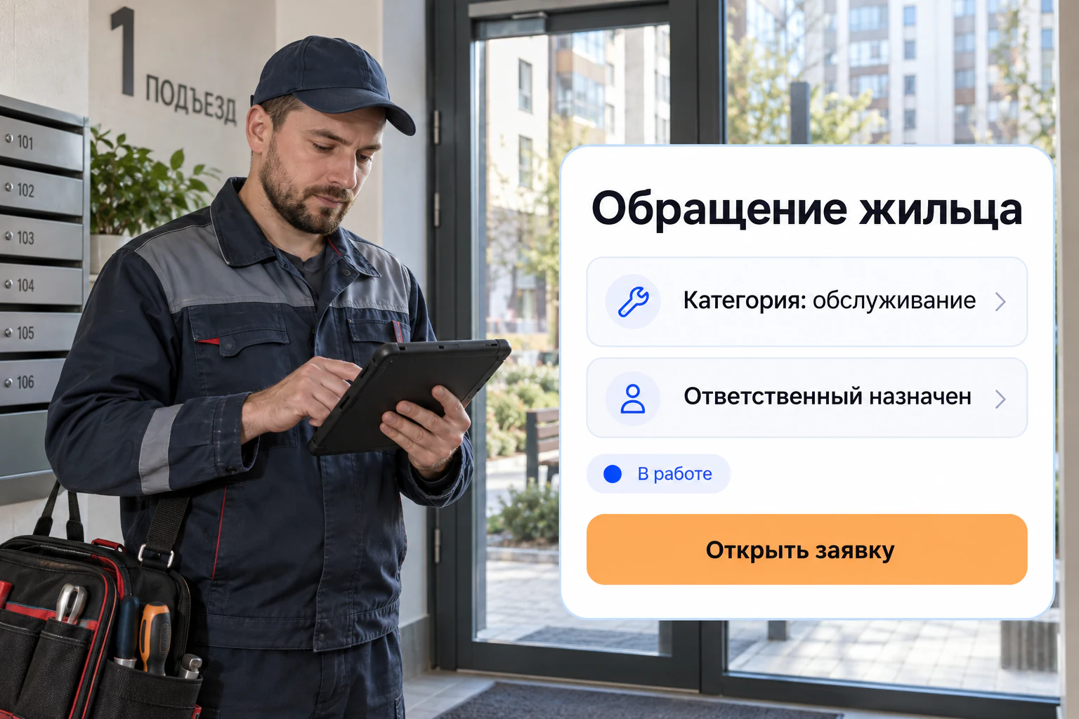 Иллюстрация сценария: ии-диспетчер обращений жильцов; фото и макет интерфейса